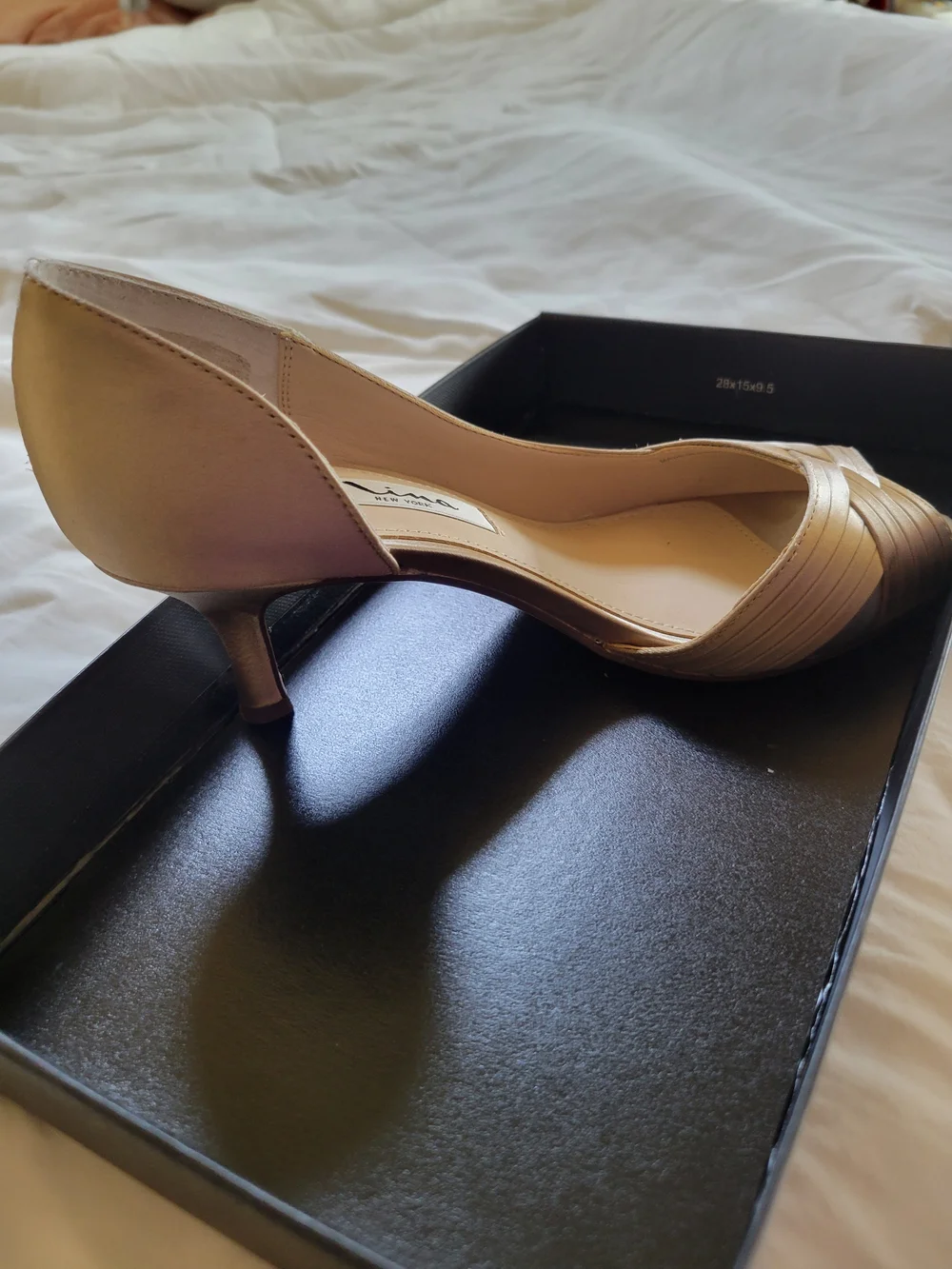 NINA New York Contesa Satin Open-Toe Heel in Champagne